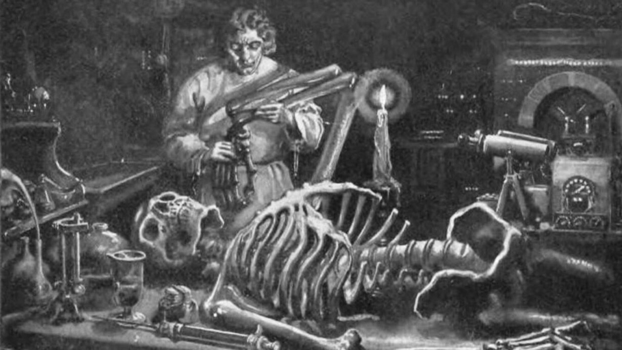 "Frankenstein trabajando en su laboratorio", ilustración, 1922