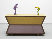 Francis Upritchard. Echo Cabinet, 2011, Veneer and Italian oak, brass fittings, modelling material, wire, paint, 99.5 x 190 x 65 cm.