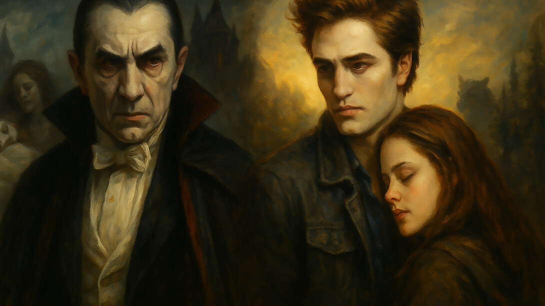 An artistic portrayal of the evolution of the vampire myth—Dracula’s dark, Gothic menace contrasts with the humanized, romantic figures of modern vampire lore, symbolizing the shift from fear to fascination
