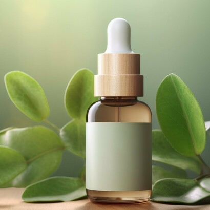 A product bottle against a green background surrounded by leaves, a product aligned with the changing seasons that cultivates a sense of novelty and deepens consumer loyalty