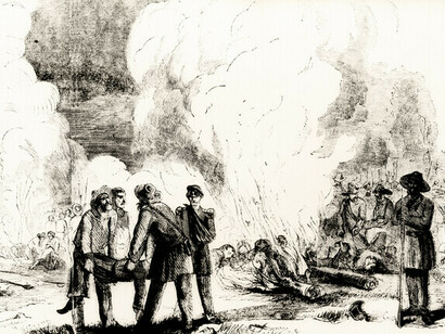 Filibusteros queman cadáveres de soldados centroamericanos en Granada, abril de 1857. Ilustración de Frank Leslie᾽s Illustrated Newspaper