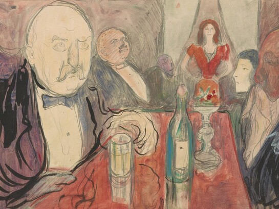 Edvard Munch, "Kristiania Bohemians II", acquerello raffigurante Christian Krohg, Oda Krohg e Jørgen Engelhart (primo marito di Oda) in un caffè a Parigi, 1895, Munchmuseet, Oslo, Norvegia