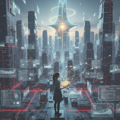 A person stands before a hyper-connected cityscape, observing a glowing, organic structure rising amidst a web of data, representing the pursuit of meaningful orientation within an artificially intelligent civilization