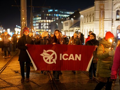 International Campaign to Abolish Nuclear Weapons at the Nobel Peace Prize torchlight procession in Oslo, Norway