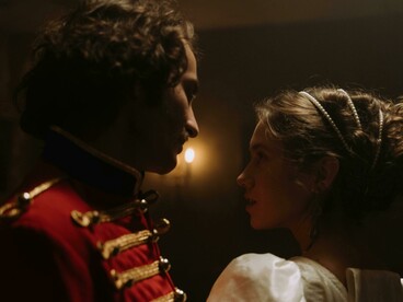 An aristocratic couple dancing in a candlelit room, wearing elegant 18th-century fashion