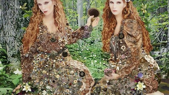 Nina Surel, “Mirror, Mirror”, 2012, Mixed Media: Dress, photography, buttons, costume, jewelry, porcelain and resin on wood, misure (alt, base): cm 172 x 152, numero archivio: 12231