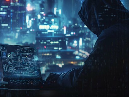 A cloaked figure working on codes, symbolizing the complex and constantly developing nature of cybersecurity 