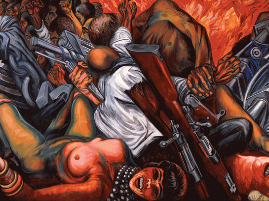 Katharsis (1934–1935, detalle), de José Clemente Orozco, expresa mediante el caos y la violencia extrema la ruptura del orden moral y jurídico, signo de un mundo gobernado por la fuerza y la impunidad