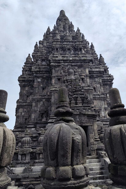 Prambanan, Central Java, Indonesia, is famous for its slender, pointed towers and highly detailed stone carvings