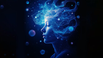 Sacred geometry and neural patterns emanate from a glowing profile, flowing seamlessly into the vast cosmic depths of consciousness