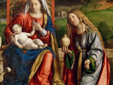 L’olio di nardo, importato dall’Asia, era uno dei beni più costosi del mondo antico e simbolo di prestigio, ricchezza e potere. Cima da Conegliano, "Madonna in trono con santi", 1490 circa. Dettaglio della Maddalena con la fiala di olio di nardo