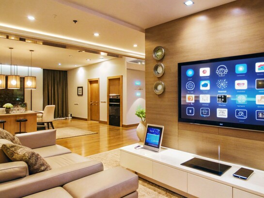 A high-tech living room where digital interfaces regulate lighting, entertainment, and climate, conveying the future of residential design