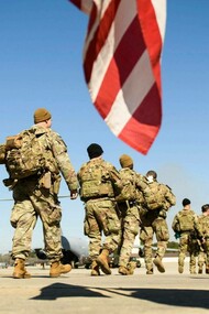 The might of the U.S. military marching across the world to defend democracy