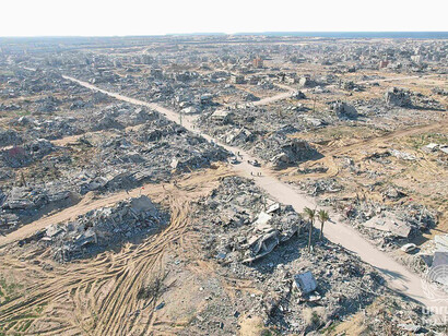 Aerial view showing extensive destruction in the Beach refugee camp, Gaza Strip, following Israeli airstrikes