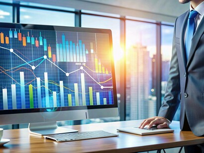 Un professionista in ufficio osserva un grande monitor con grafici colorati di borsa e dati finanziari. Sullo sfondo, una città moderna al tramonto, simbolo di business globale e strategie di mercato