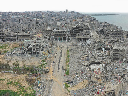 Aerial view showing widespread destruction in the Beach refugee camp, Gaza Strip, caused by Israeli airstrikes