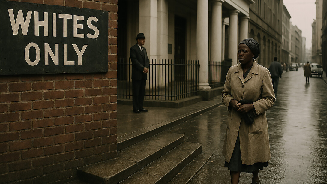 A Black woman walks solemnly past a "Whites Only" sign in apartheid-era South Africa, a stark reminder of the daily realities of racial segregation and systemic oppression