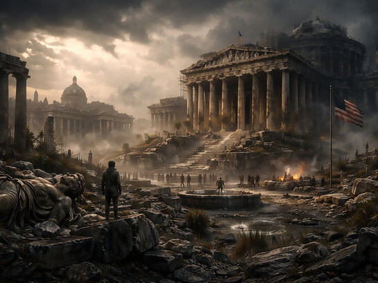 A civilization surrounded by its own ruins, where power stands rigid while creative life slowly erodes from within