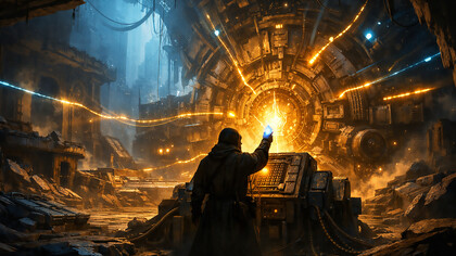 A dormant, monumental engine stirs as a single luminous artifact is placed at its core, illuminating forgotten circuitry and revealing a civilization not yet finished, only awaiting its missing source of coherence