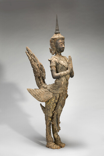 Mythical bird-man, approx. 1775–1850. Central Thailand. Wood with remnants of lacquer, gilding, and mirrored glass inlay. Courtesy of Asian Art Museum, Gift from Doris Duke Charitable Foundation's Southeast Asian Art Collection, 2006.27.24.