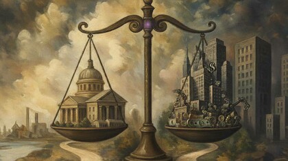 Rappresentazione artistica dell'equilibrio tra potere statale e forze di mercato, che simboleggia la tensione all'interno dei sistemi politici ed economici della società moderna