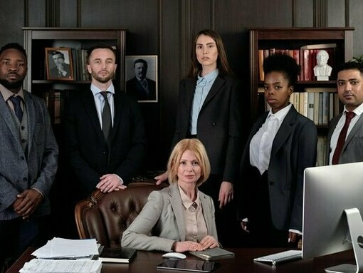 A woman leading a diverse group of professionals, symbolizing the growing presence of women in positions of influence