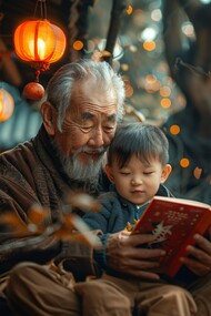 A grandfather reading a story to his grandkid, signifying how important it is to pass down traditions and stories through generations