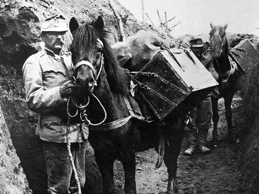 Men in uniform with a horse in a First World War trench, captured in a historical Fortepan photograph