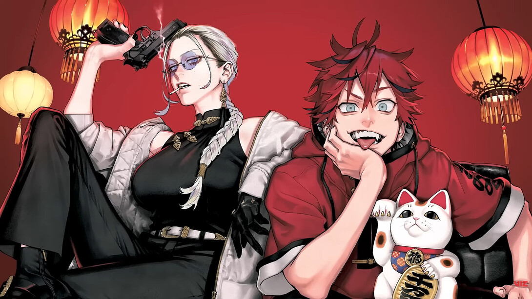 An illustration of two Gokurakugai characters, with Alma’s vivid red jacket heightening his bold, mischievous presence