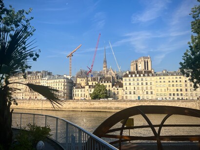Restauration de Notre-Dame vue depuis le Quai de l'Hôtel de Ville, 27 juin 2024. Photo par Sharon Hahn Darlin