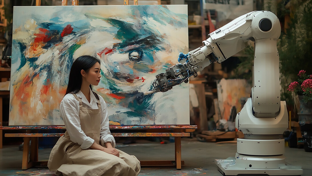 In a striking fusion of art and technology, a sleek white robotic arm paints a large abstract portrait of a woman’s face, working alongside the human artist