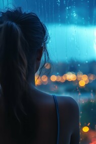 A woman stares out as it rains, reflecting the constant pain that lingers within at the memories of her whom she lost 