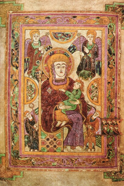 "Libro di Kells", Folio 007v, "Madonna con il Bambino",  IX secolo. Scannerizzata da Treasures of Irish Art, 1500 a.C. to 1500 d.C., collezione del National Museum of Ireland, Royal Irish Academy, & Trinity College, Dublin, Metropolitan Museum of Art & Alfred A. Knopf, New York, 1977
