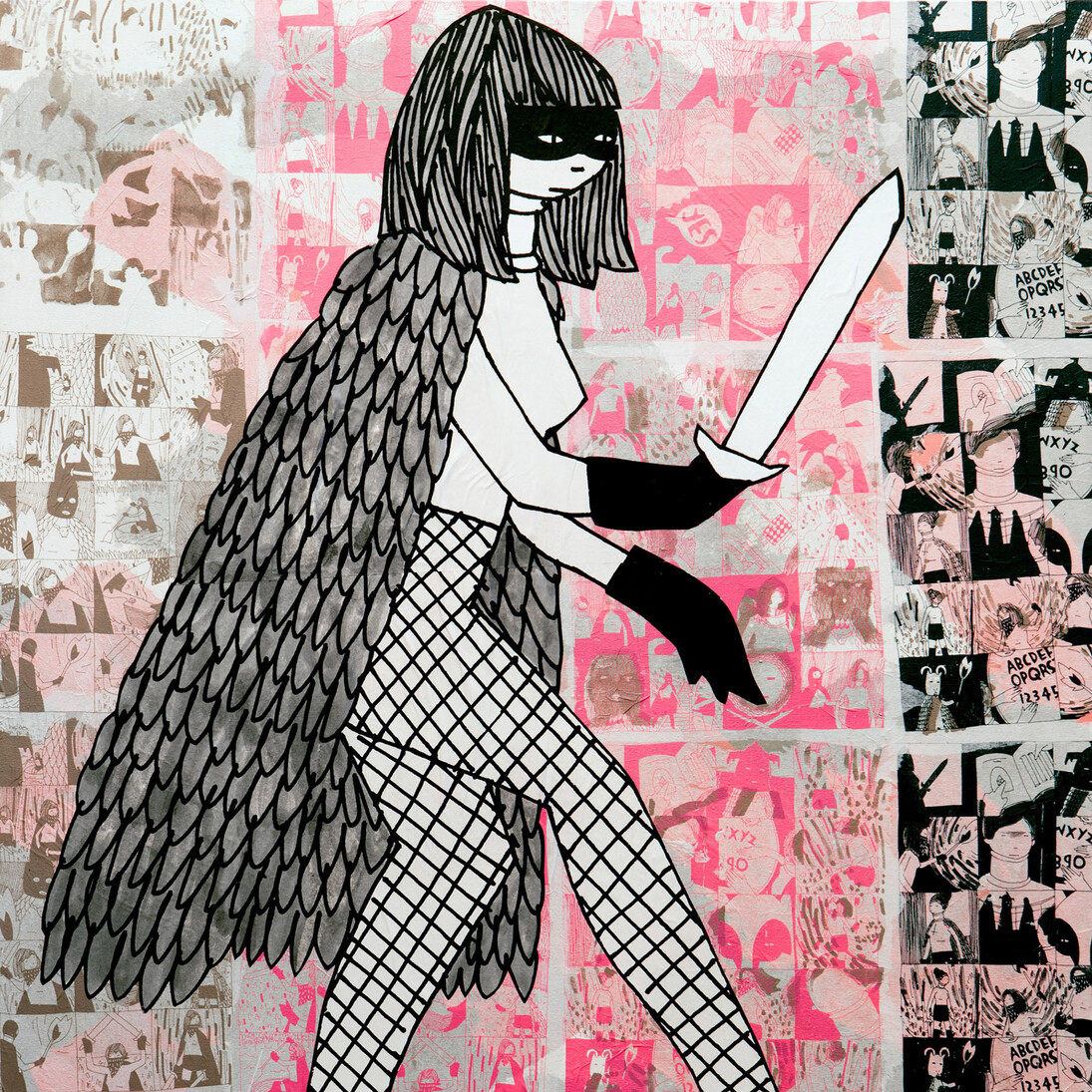 Kid Acne, “Stabby Woman 3″, Hand embellished screenprint and collage on canvas, 36in x 36in (92 x 92cm)