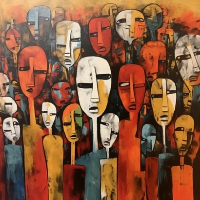 A conceptual print depicting an abstract crowd of faceless figures, evoking themes of conformity and existential detachment