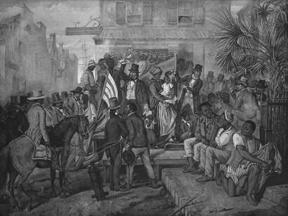 Depiction of a slave sale in Charleston, South Carolina, U.S.A, taken from the Illustrated London News, 1856