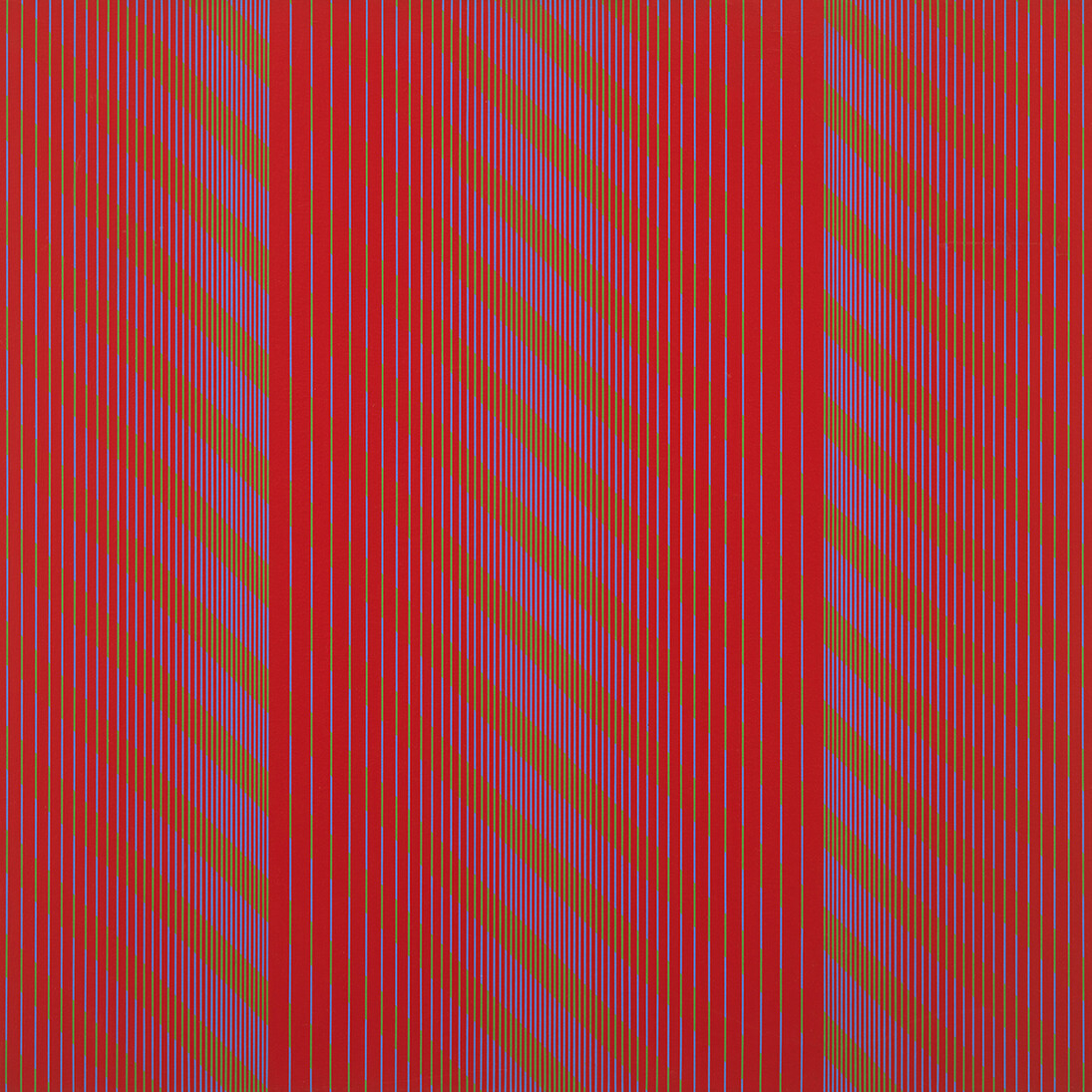 Julian Stanczak, Red Trilogy, 1969, Acrylic on canvas, 36 by 36 1/8 in.  91.4 by 91.8 cm. Courtesy of the artist and Mitchell-Innes & Nash, NY