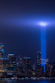 Two beams of light mark the location of the old World Trade Center towers