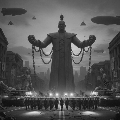 A monolithic fist of power, entwined with chains and barbed wire, dominates the urban decay. The masses below march in formation, guided by the harsh light of a new, uncompromising order