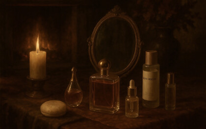 An autumn ritual of beauty, serums, perfumes, and creams bathed in candlelight, evoking warmth, reflection, and the quiet luxury of fall