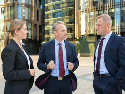 A business team of men and women in office suits discussing a project outdoors, with a focus on bankers addressing a banking crisis