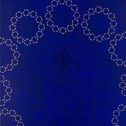 Owusu-Ankomah, Microcron Begins No. 9, 2013-2014, Acrylic and oil on canvas, 190 x 170 cm, Photo copyright Joachim Fliegner, Courtesy October Gallery