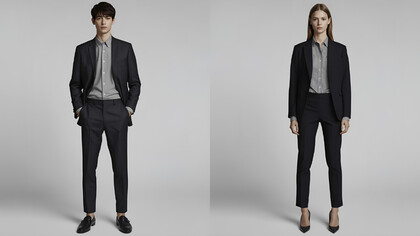 Male and female model stands side by side in suits, embodying genderless fashion