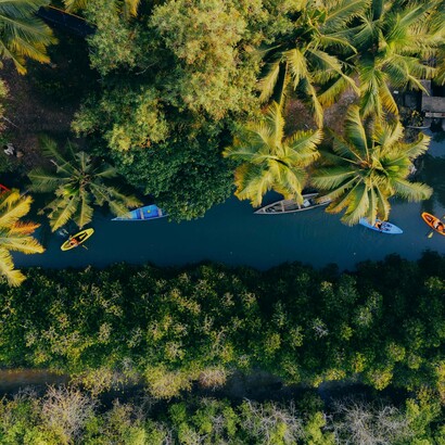 Picturesque boating retreats for tourists in Kerala, India; Kerala's wildlife makes it a popular location for adventure and travel lovers looking to connect with wildlife