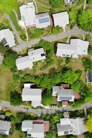 An aerial view of a cohousing community