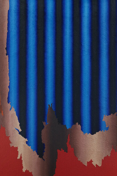 Kevin Lowenthal, Cerulean, reclaimed nude, molybdate orange curtain (detail), 2026. Courtesy of Brigitte Mulholland Gallery