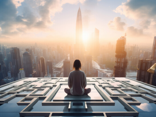 A woman seated in stillness overlooking a radiant skyline, symbolizing the expansion of consciousness