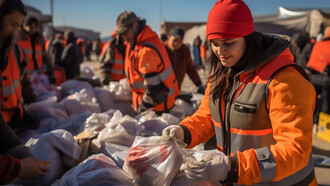 A young woman and fellow volunteers sort and distribute humanitarian aid, highlighting resilience and compassion in the face of hardship