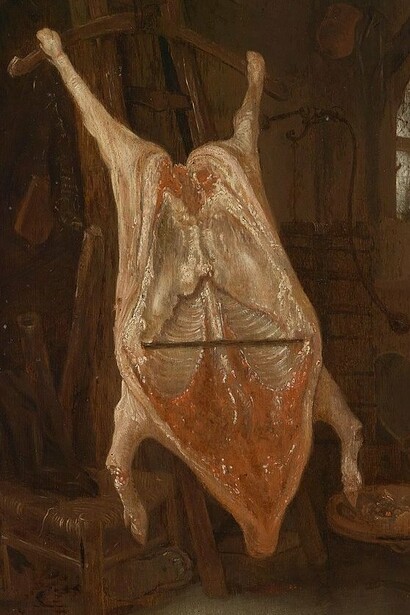 "El cerdo masacrado", óleo sobre madera, siglo XVII, círculo de Isaac van Ostade 