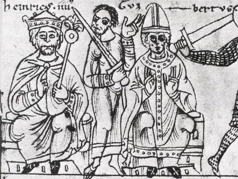 Da le "Gesta Friderici imperatoris": l'antipapa Clemente III (al centro) con l'imperatore Enrico IV
